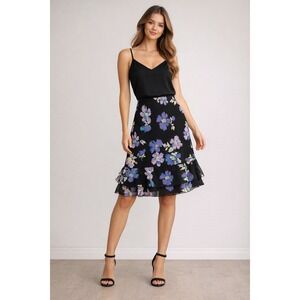 VTG Y2K 90s Floral Tiered Ruffle Midi Skirt Black Purple Fairy Size 8P Petite